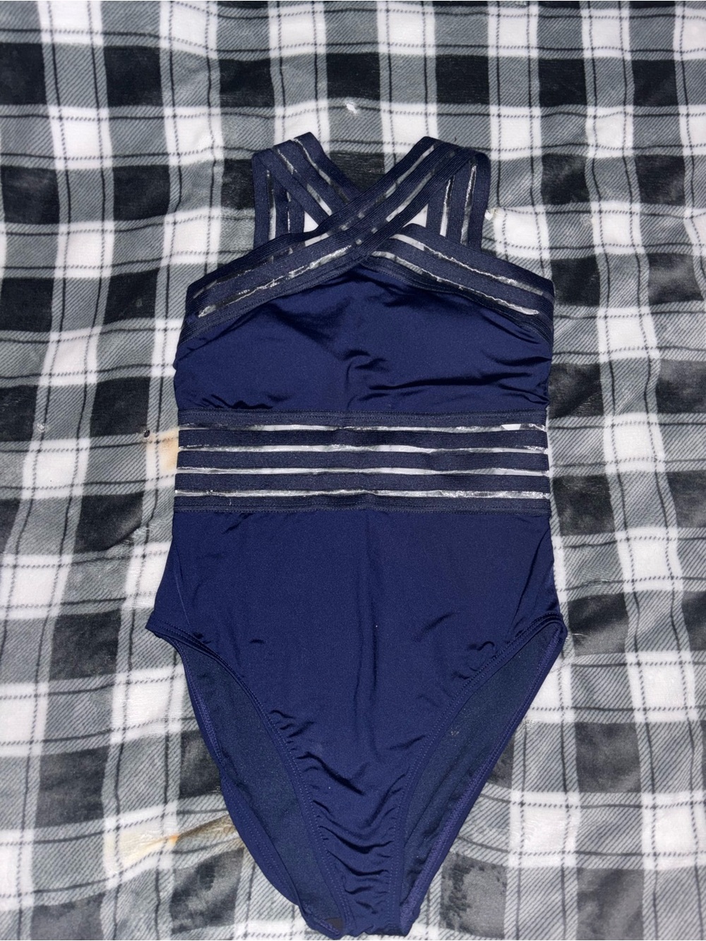 Kenneth Cole Navy One-Piece Swimsuit with Sheer Stripe Accents